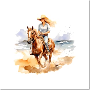 Horseback Beach Riding Watercolor Posters and Art